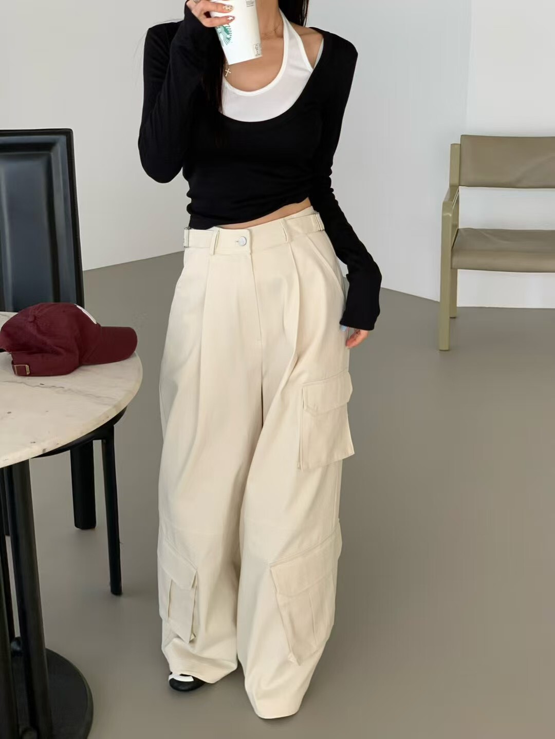 口袋寬管休閒長褲