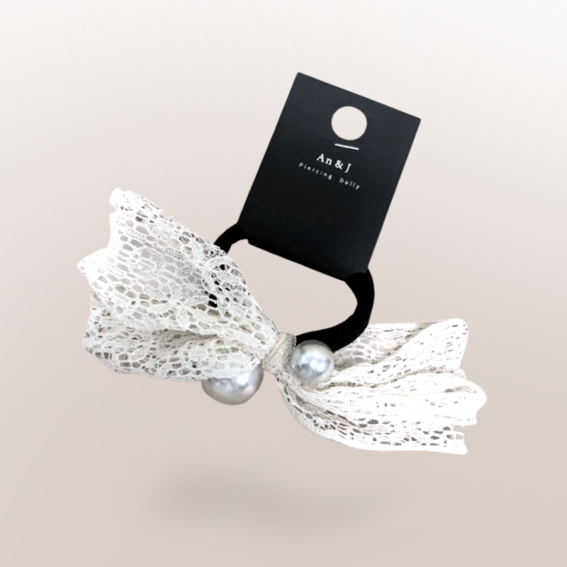 韓國直送髮飾 滾邊編織蕾絲蝴蝶結中雙珍珠髮圈