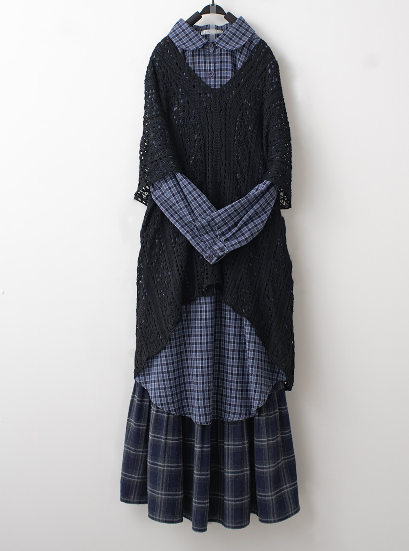 簍空提花罩衫格紋洋裝格紋法蘭絨蛋糕長裙