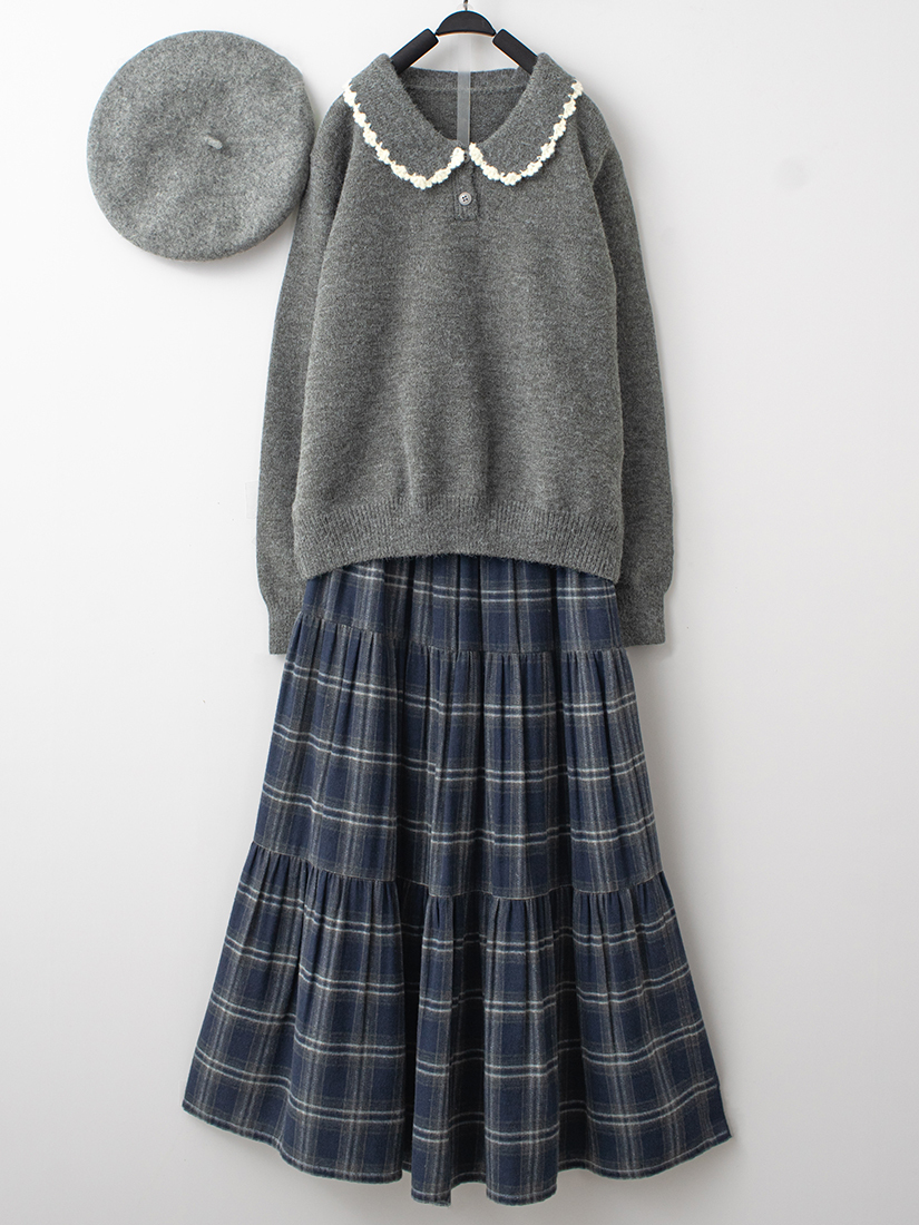 滾邊蕾絲厚針織上衣格紋法蘭絨蛋糕長裙組合