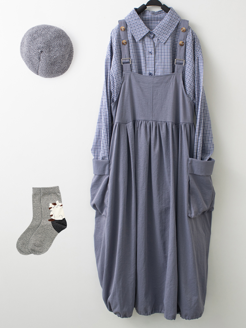 寬鬆格紋襯衫花苞吊帶洋裝組合