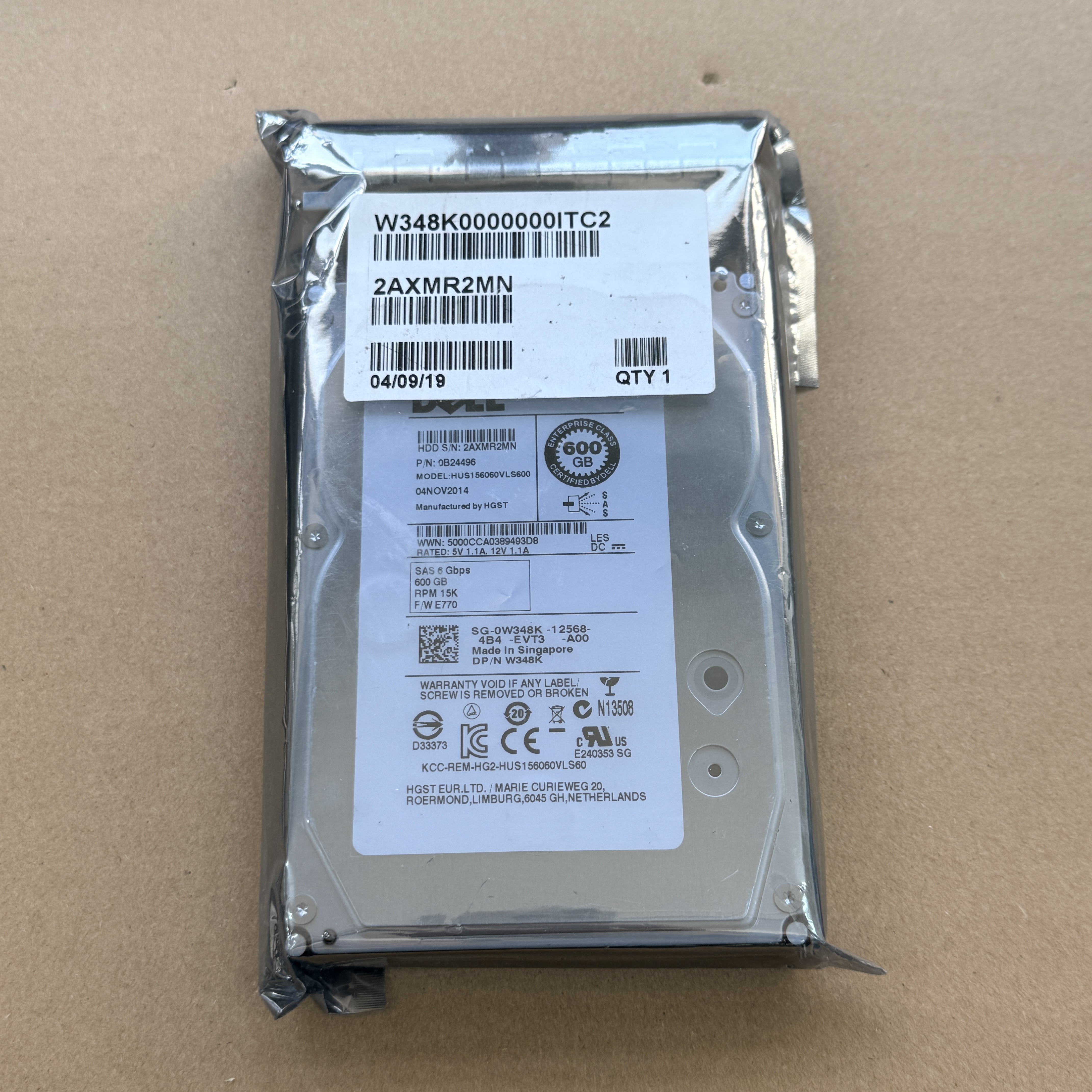 W348K DELL 3.5" 600GB 15K SAS 6GBPS HDD (翻新)