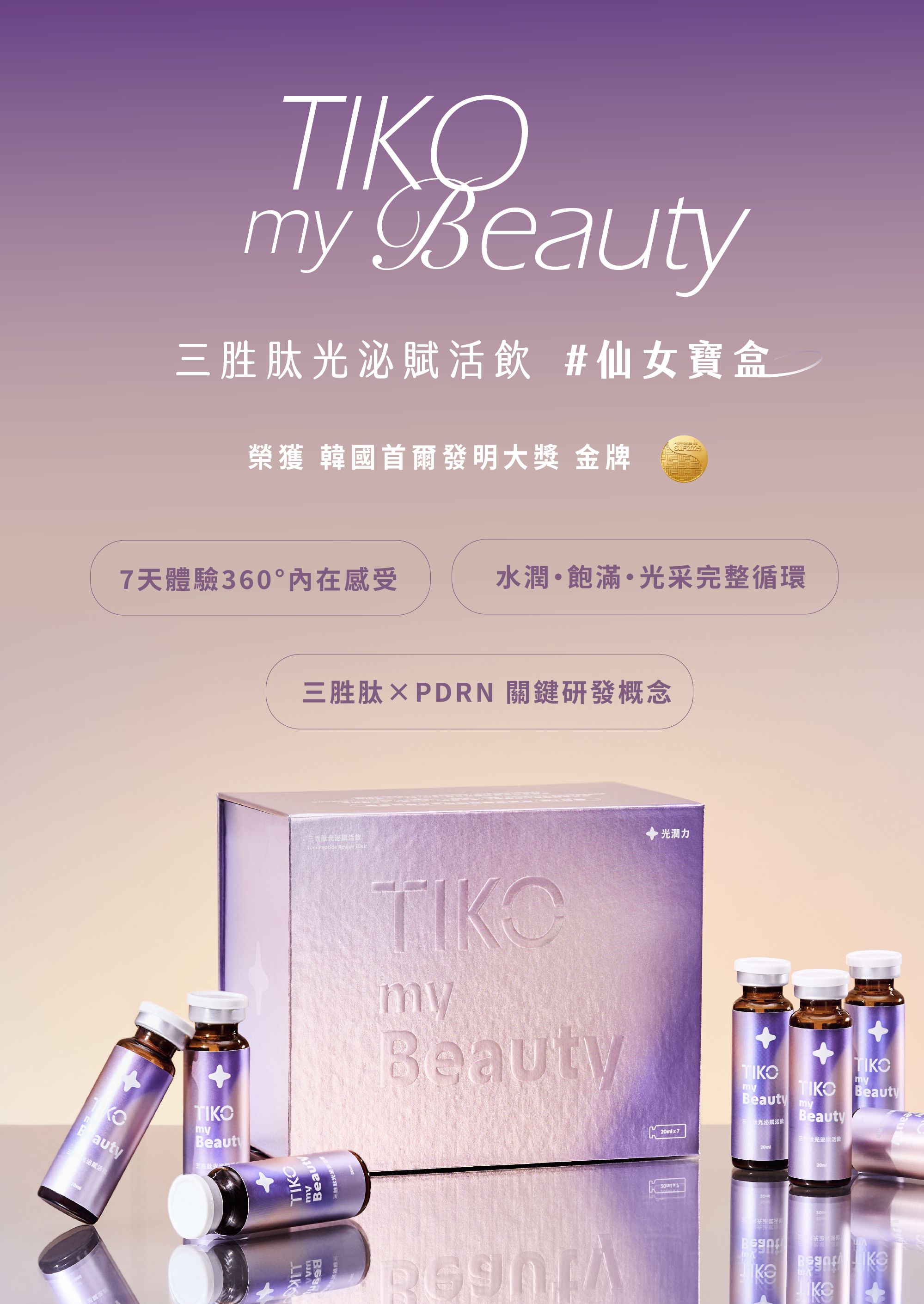 三胜肽光泌賦活飲 21入，榮獲 2025 韓國首爾發明大獎 WiC 金牌標誌，強調 7 天體驗 360 度水潤飽滿感
