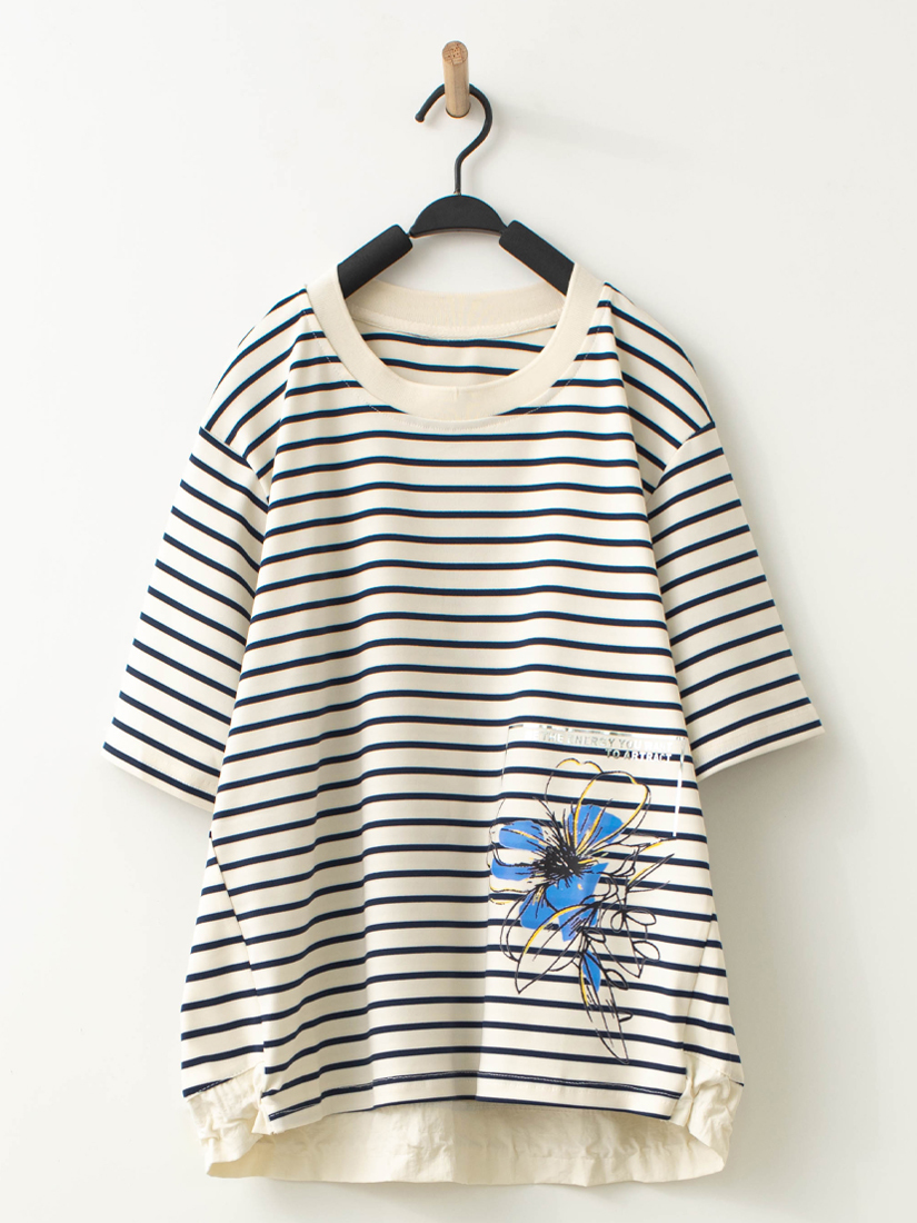 扶桑印花下擺抽繩條紋上衣