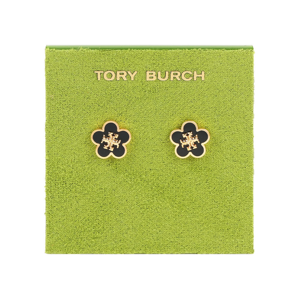 【Tory Burch】Kira 花朵設計琺瑯針式耳環(黑色/金色)