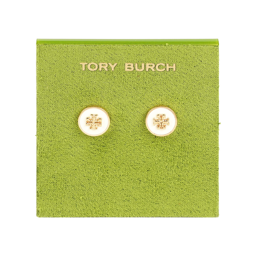 【Tory Burch】經典標誌圓形琺瑯針式耳環(象牙白/金色)