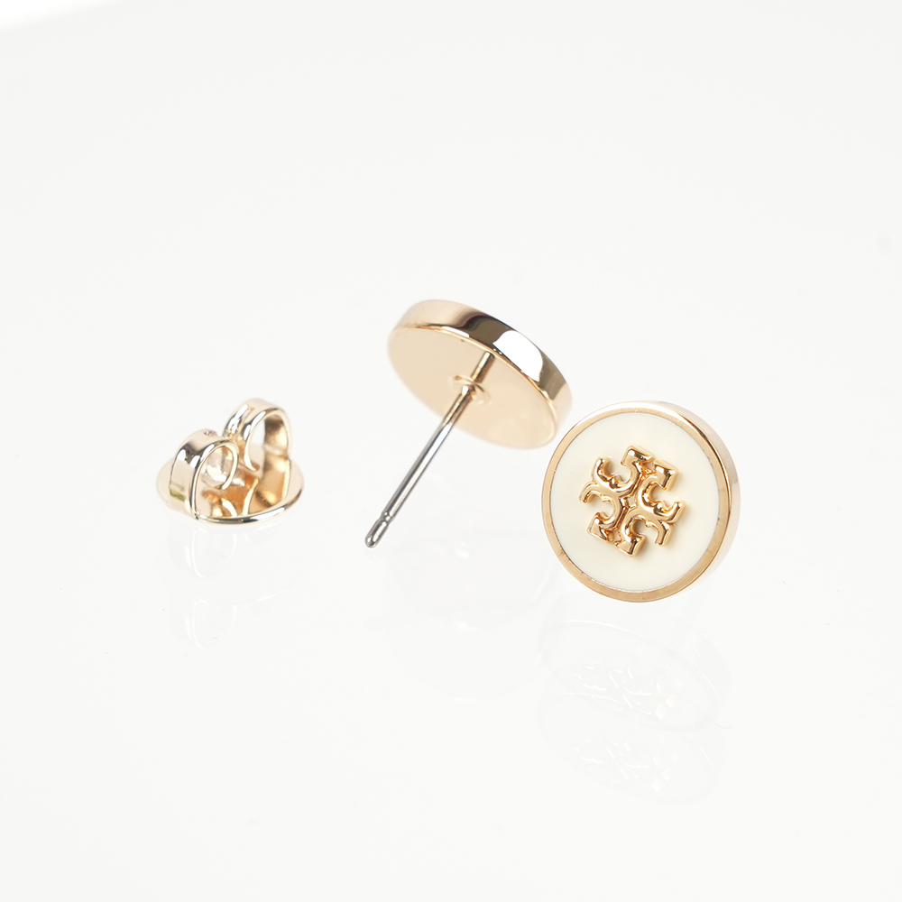 【Tory Burch】經典標誌圓形琺瑯針式耳環(象牙白/金色)