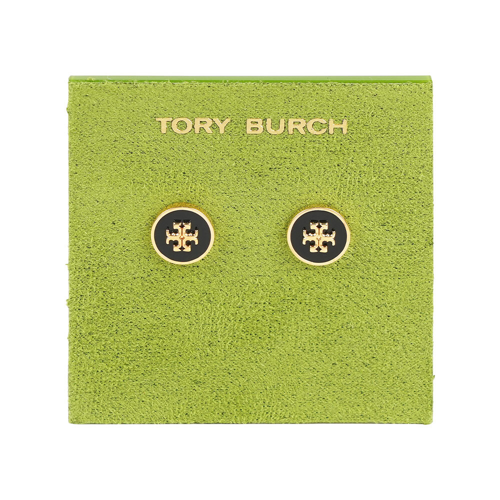 【Tory Burch】經典標誌圓形琺瑯針式耳環(黑色/金色)