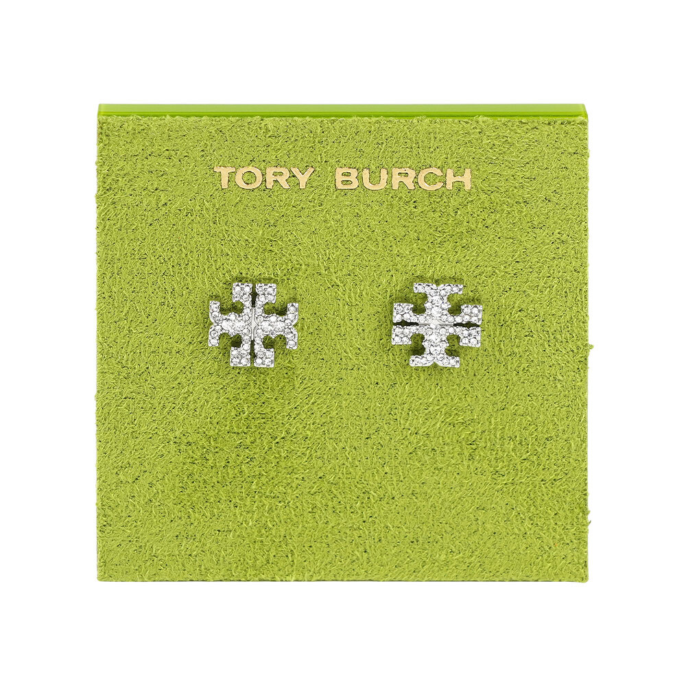 【Tory Burch】Kira Pave 經典標誌水鑽針式耳環(銀色)