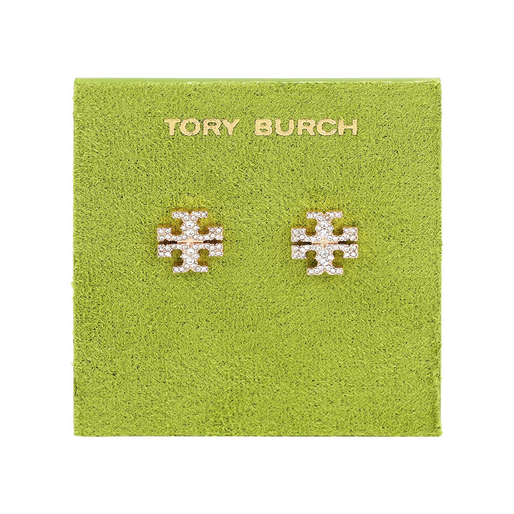 【Tory Burch】Kira Pave 經典標誌水鑽針式耳環(金色)