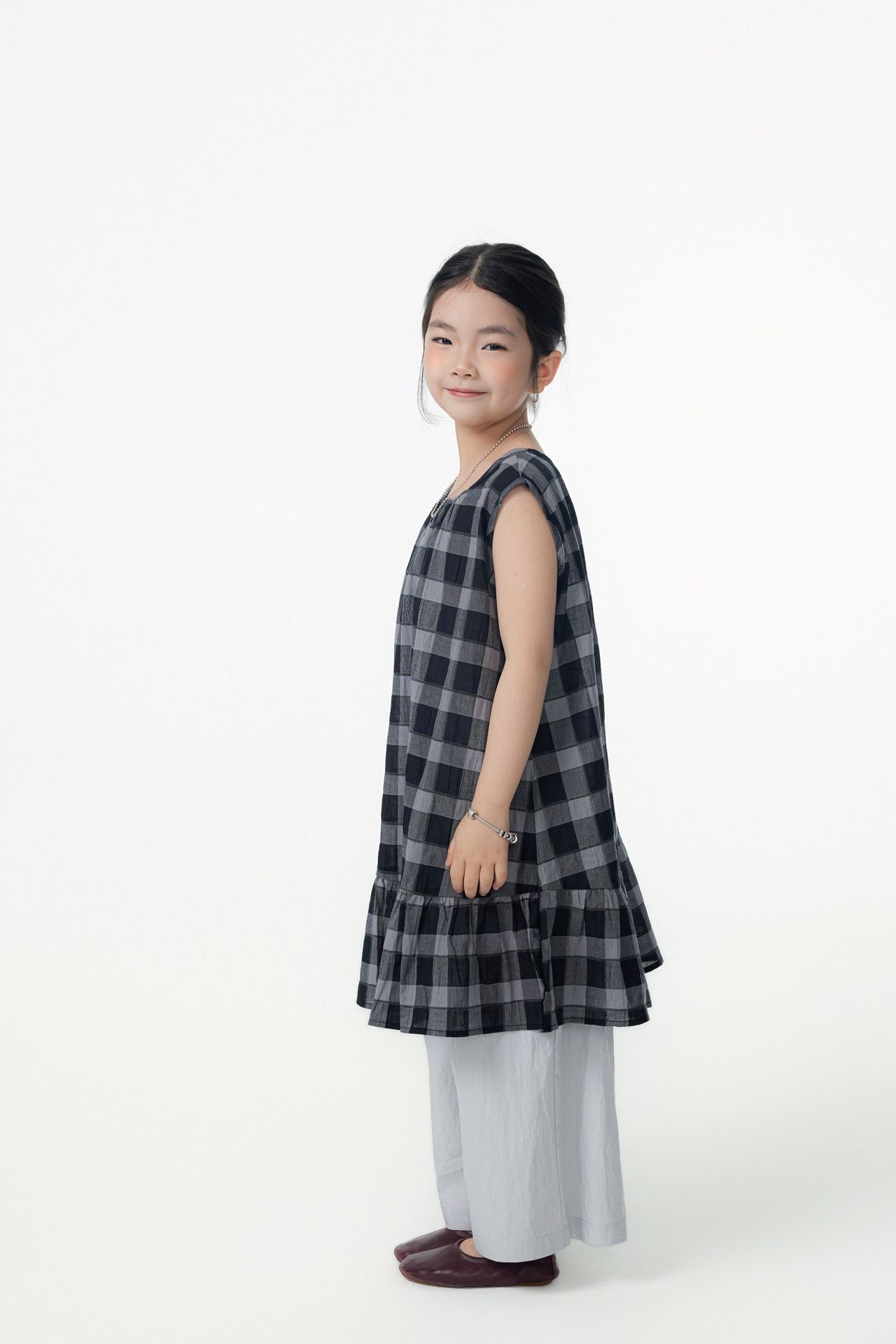 親子裝_日系無印格荷葉邊長版上衣