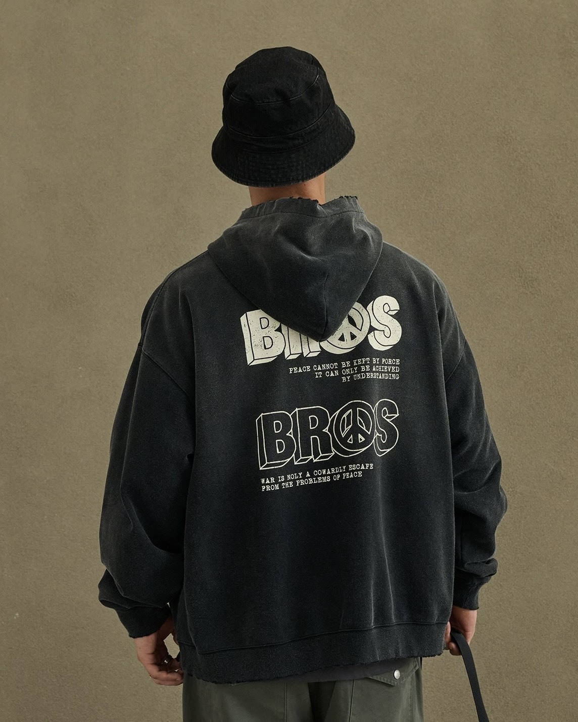 #預購 Broshood 26SS 日系寬鬆 復古做舊沙洗破壞 反戰印花 拉鍊連帽外套