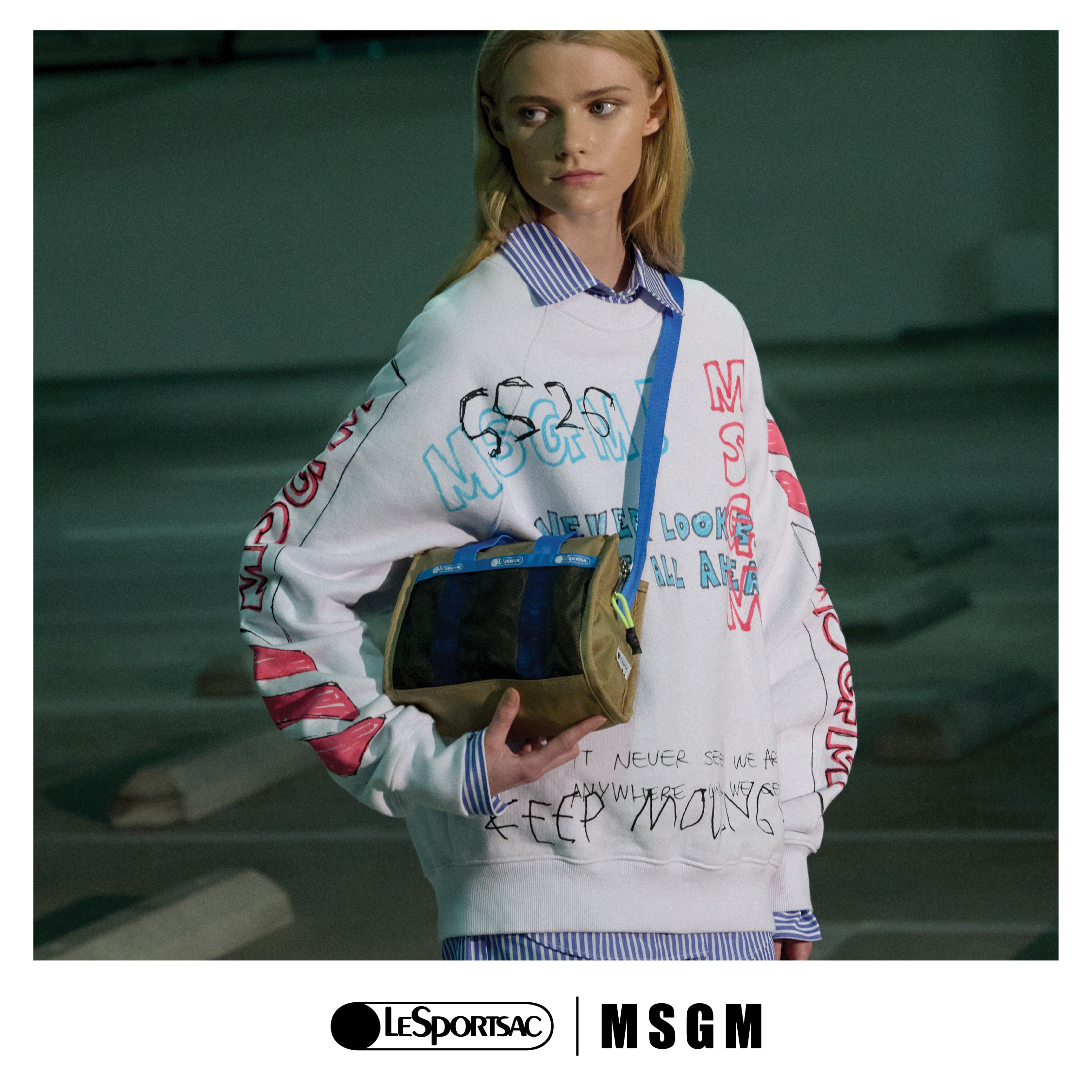 MSGM 寬底斜背手提兩用包 (METRO KHAKI/BLUE)