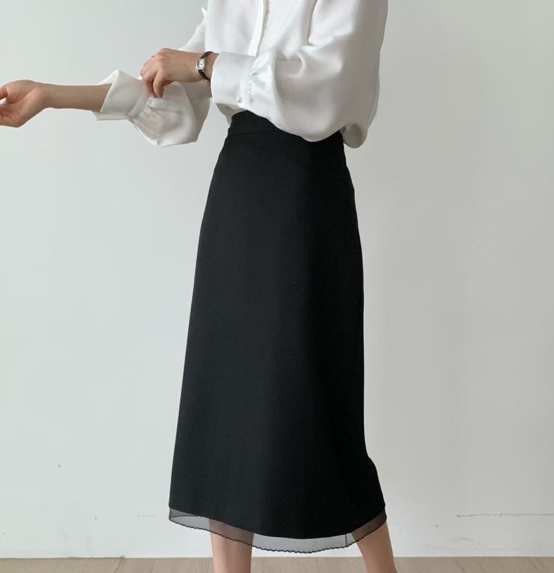 下擺拼接歐根紗後開衩造型鉛筆長裙-S-M / 2色