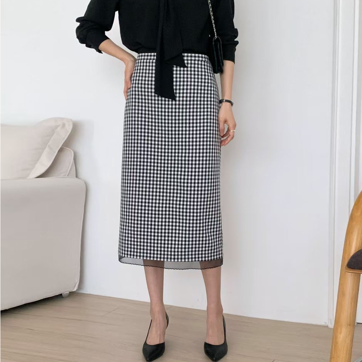 下擺拼接歐根紗後開衩造型鉛筆長裙-S-M / 2色