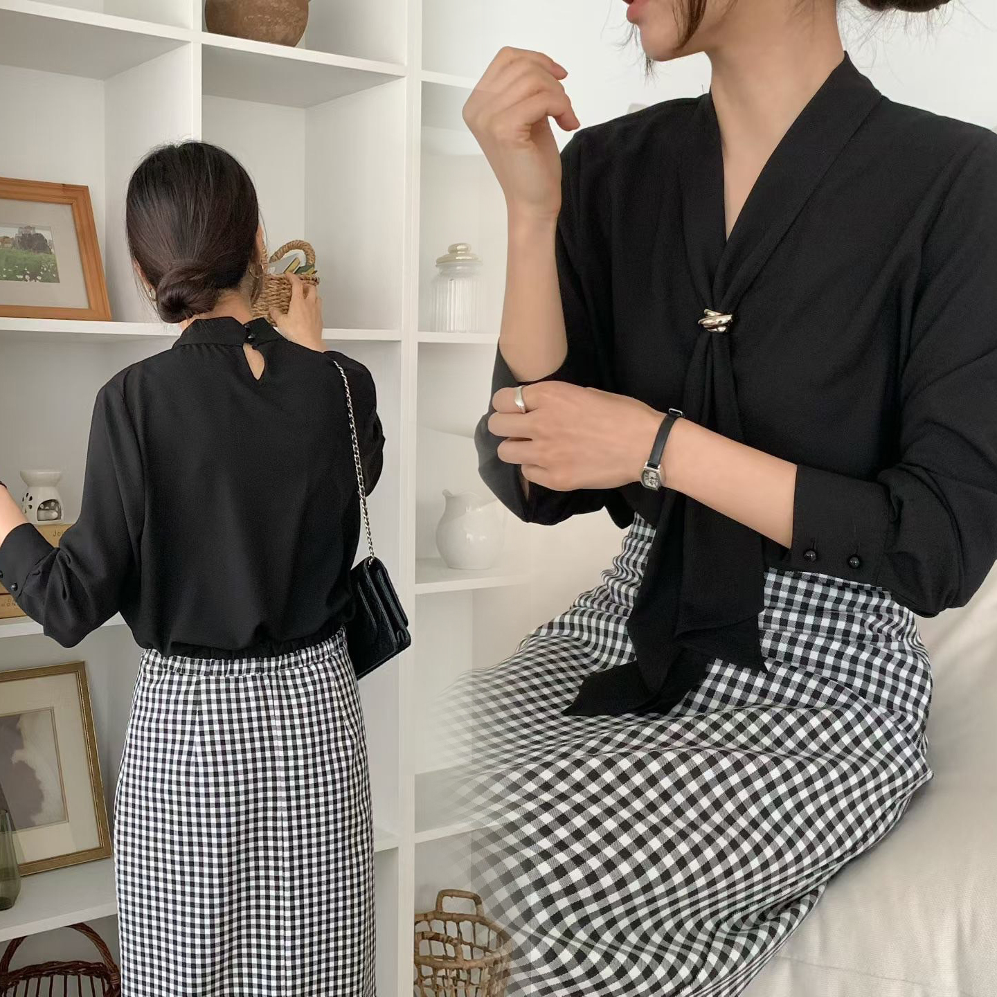 金屬綁帶領巾造型後釦式氣質上衣 / 2色