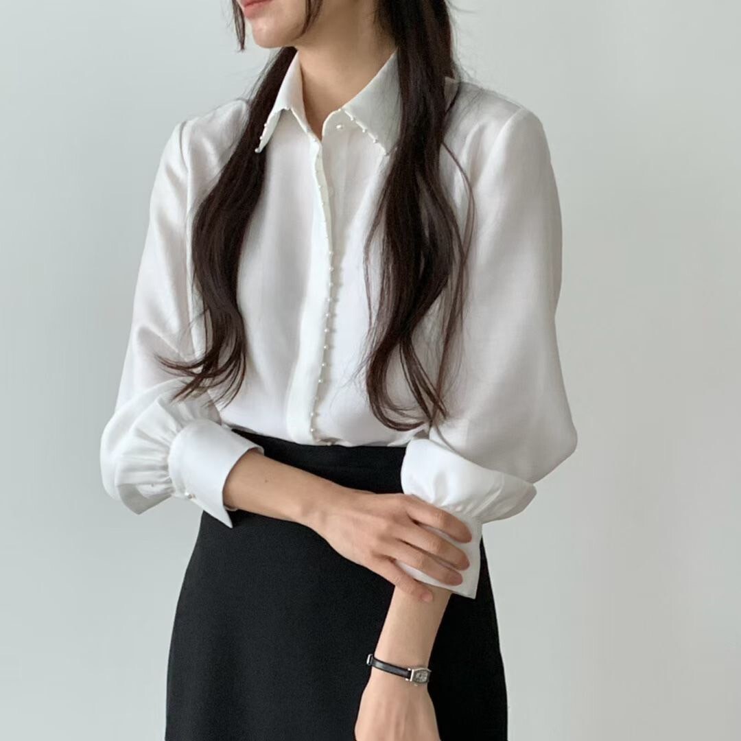 藍天白雲光澤感珍珠滾邊翻領襯衫 / 2色