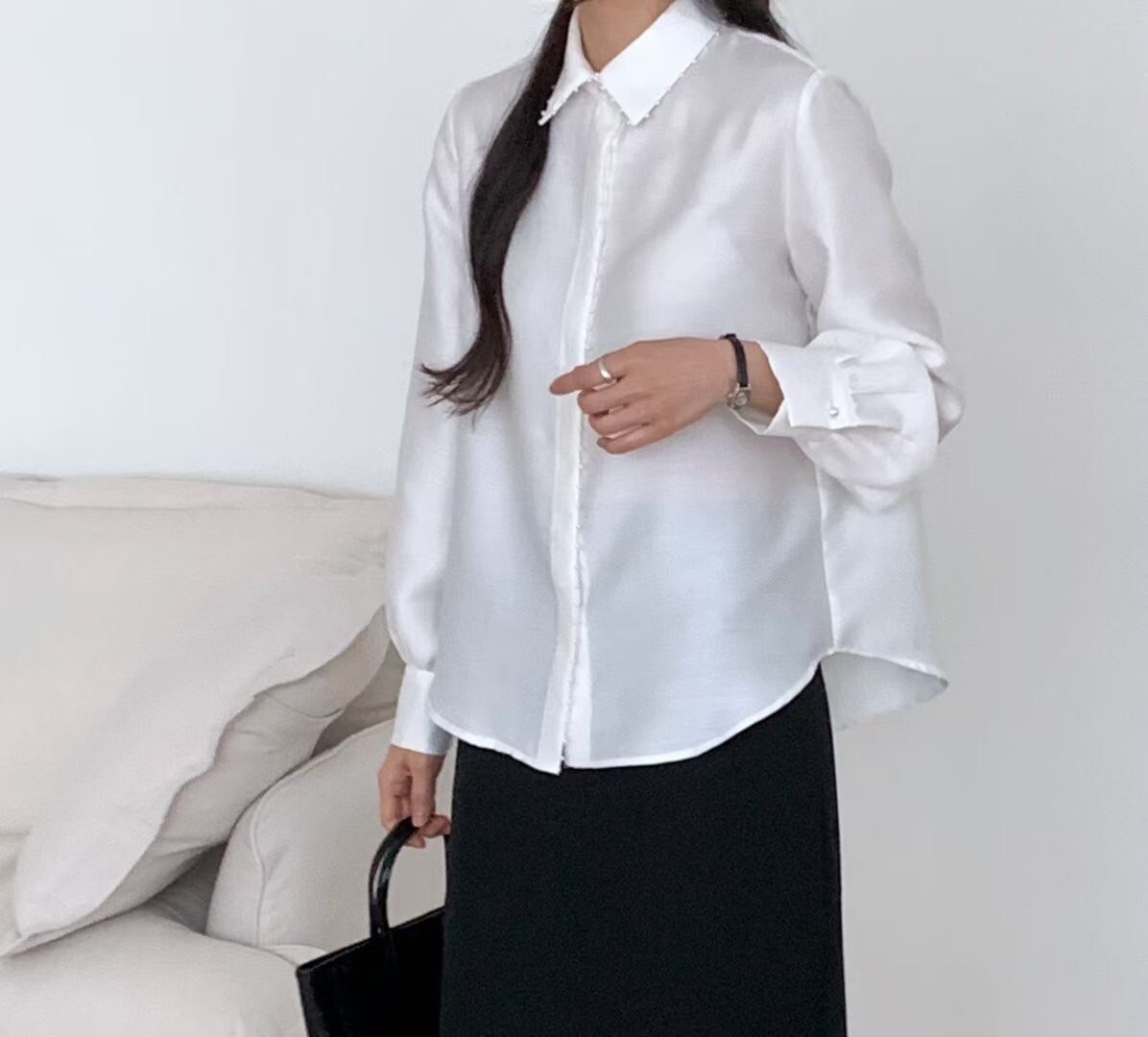 藍天白雲光澤感珍珠滾邊翻領襯衫 / 2色