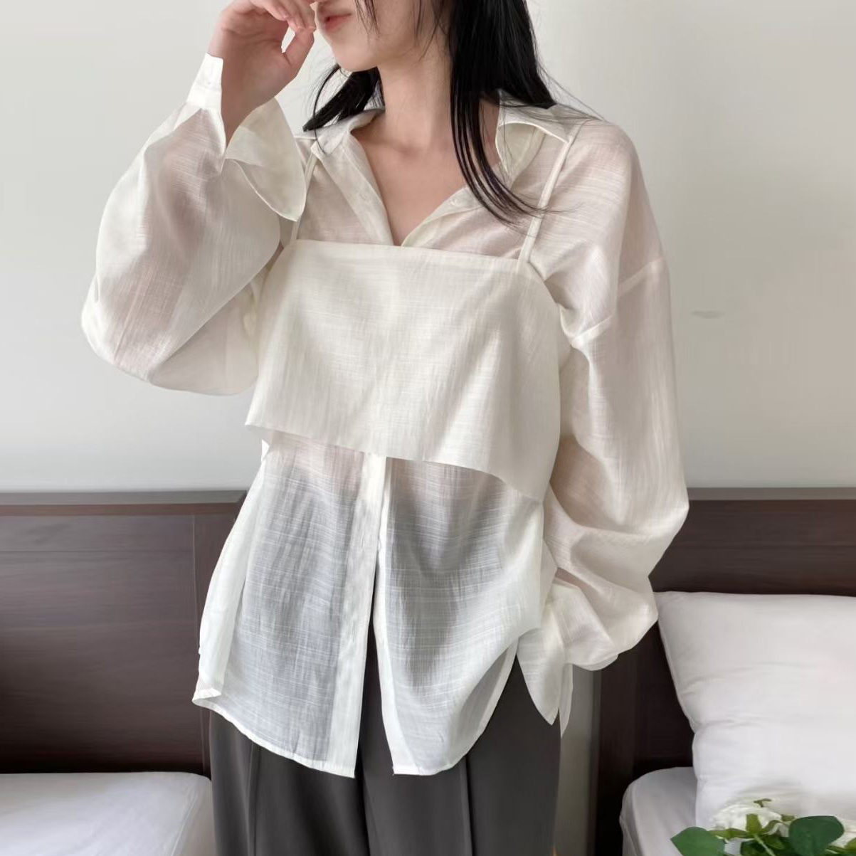 寬鬆感翻領排釦襯衫+同色系短版背心SET / 2色