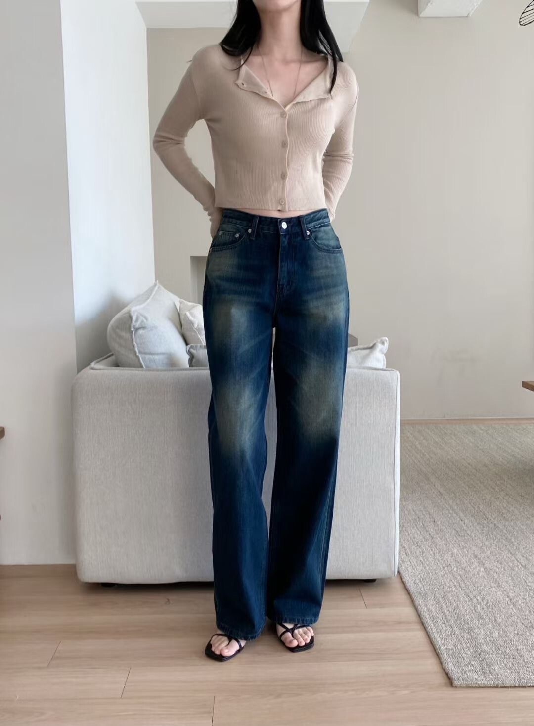 獨特深藍色系刷白感直筒牛仔褲-S-M