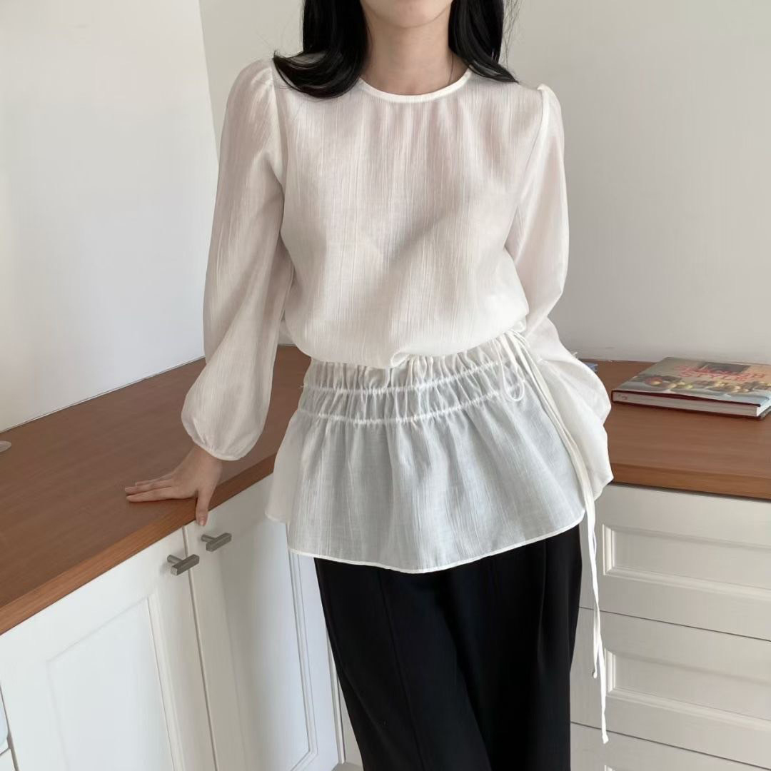 甜美女子抽繩收腰造型傘襬圓領上衣 / 2色