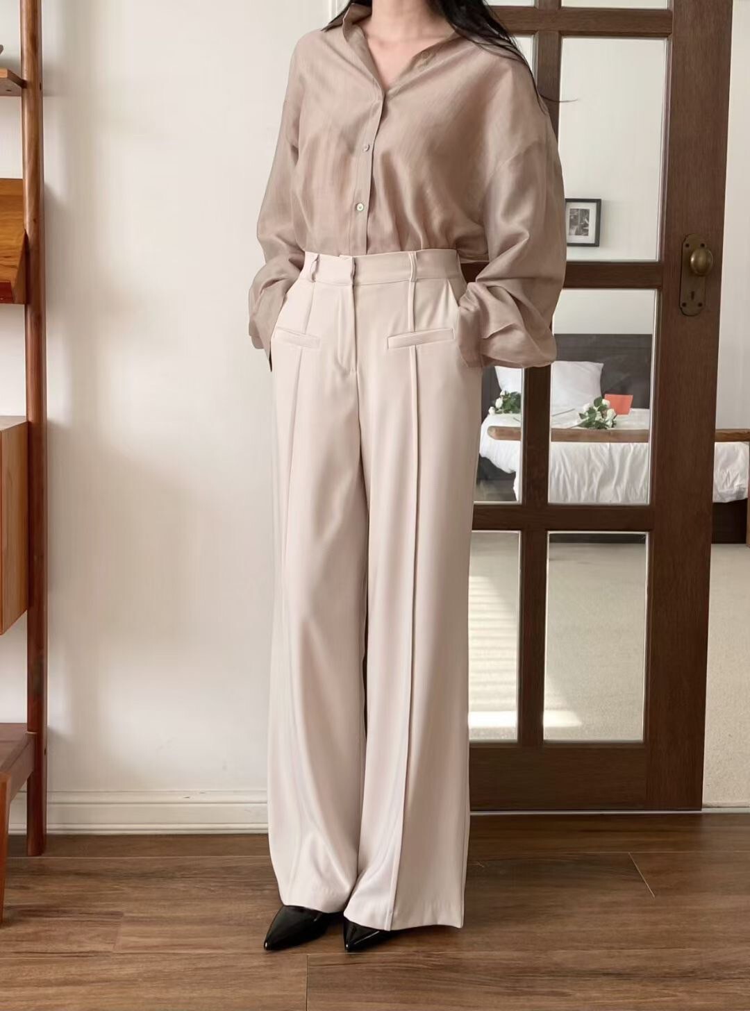 一字口袋單釦打褶造型直筒西裝褲-S-M / 3色