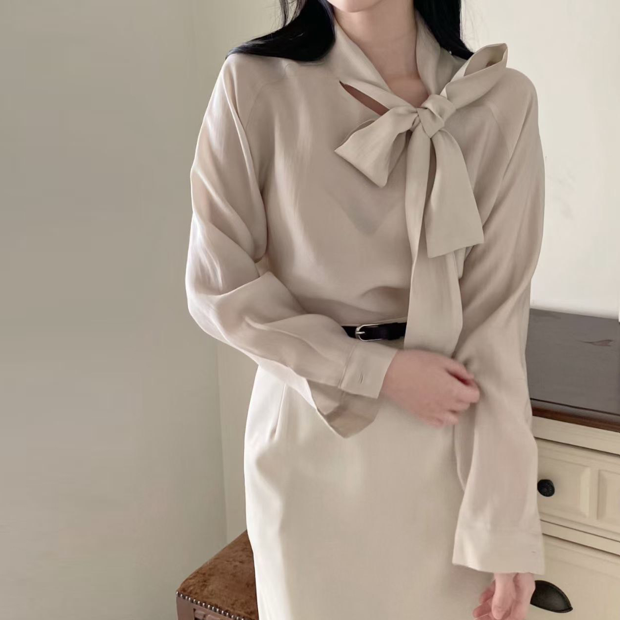 優雅女子綁帶領巾蝴蝶結造型雪紡上衣 / 3色