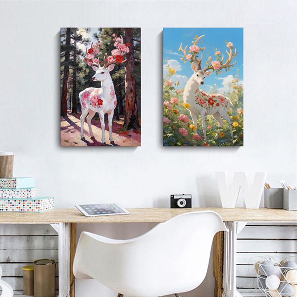 繁花白鹿無框掛畫