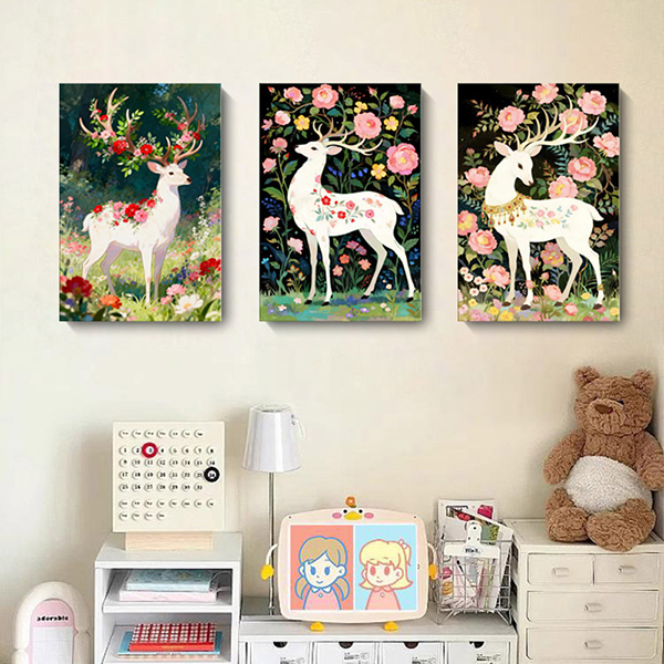 繁花白鹿無框掛畫