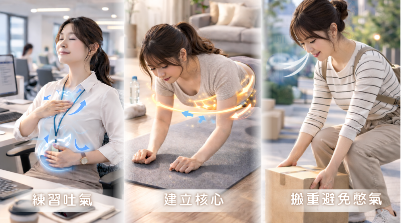 女性示範深呼吸、平板撐核心訓練與正確搬重物姿勢,說明腹直肌分離與腹內壓控制概念