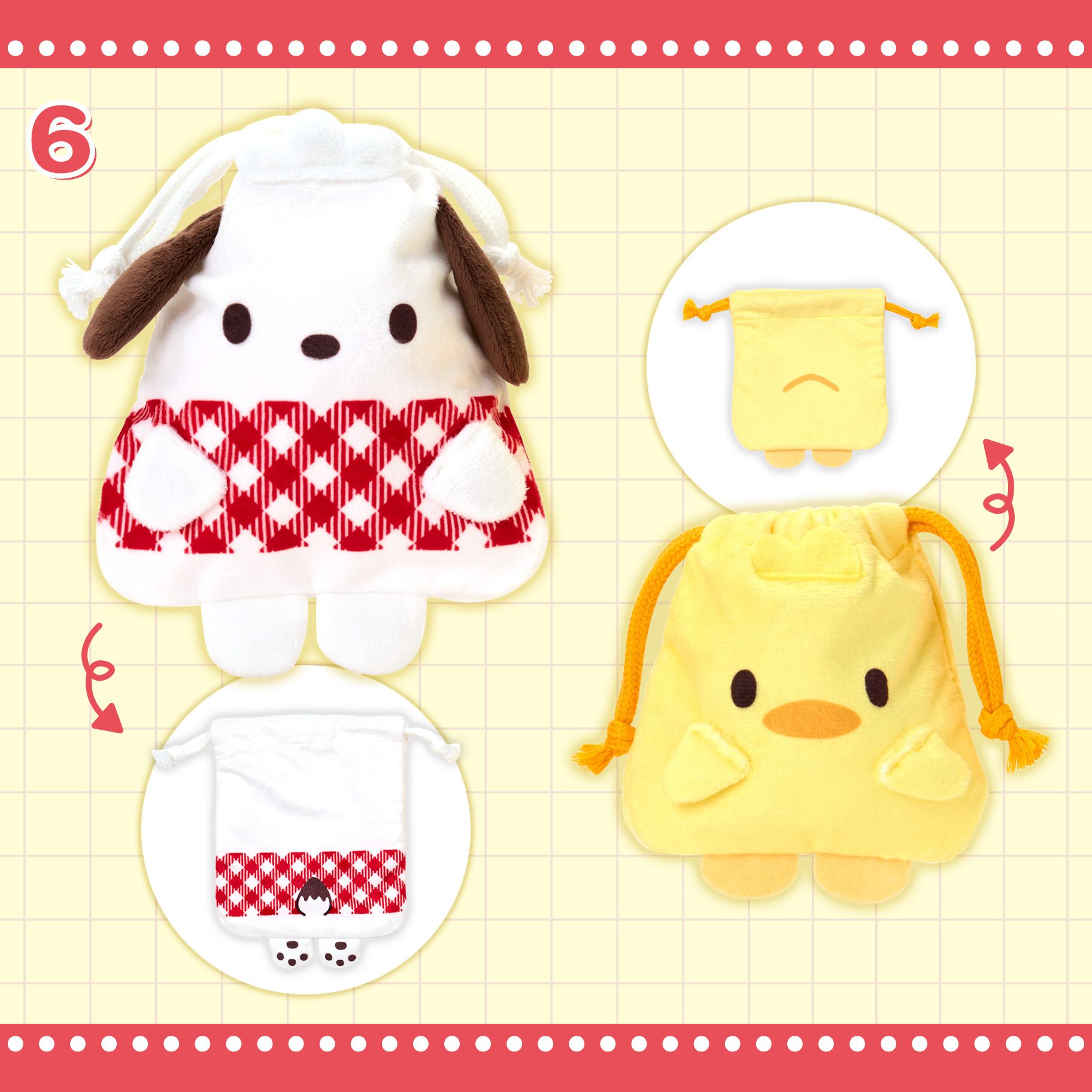 日本 Sanrio Pochacco PC狗 35周年 紅色格子系列 - 束繩袋對裝