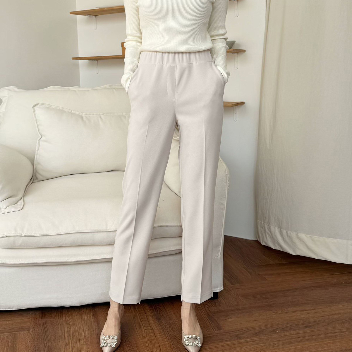 鬆緊腰打褶修身感九分直筒褲-F / 3色