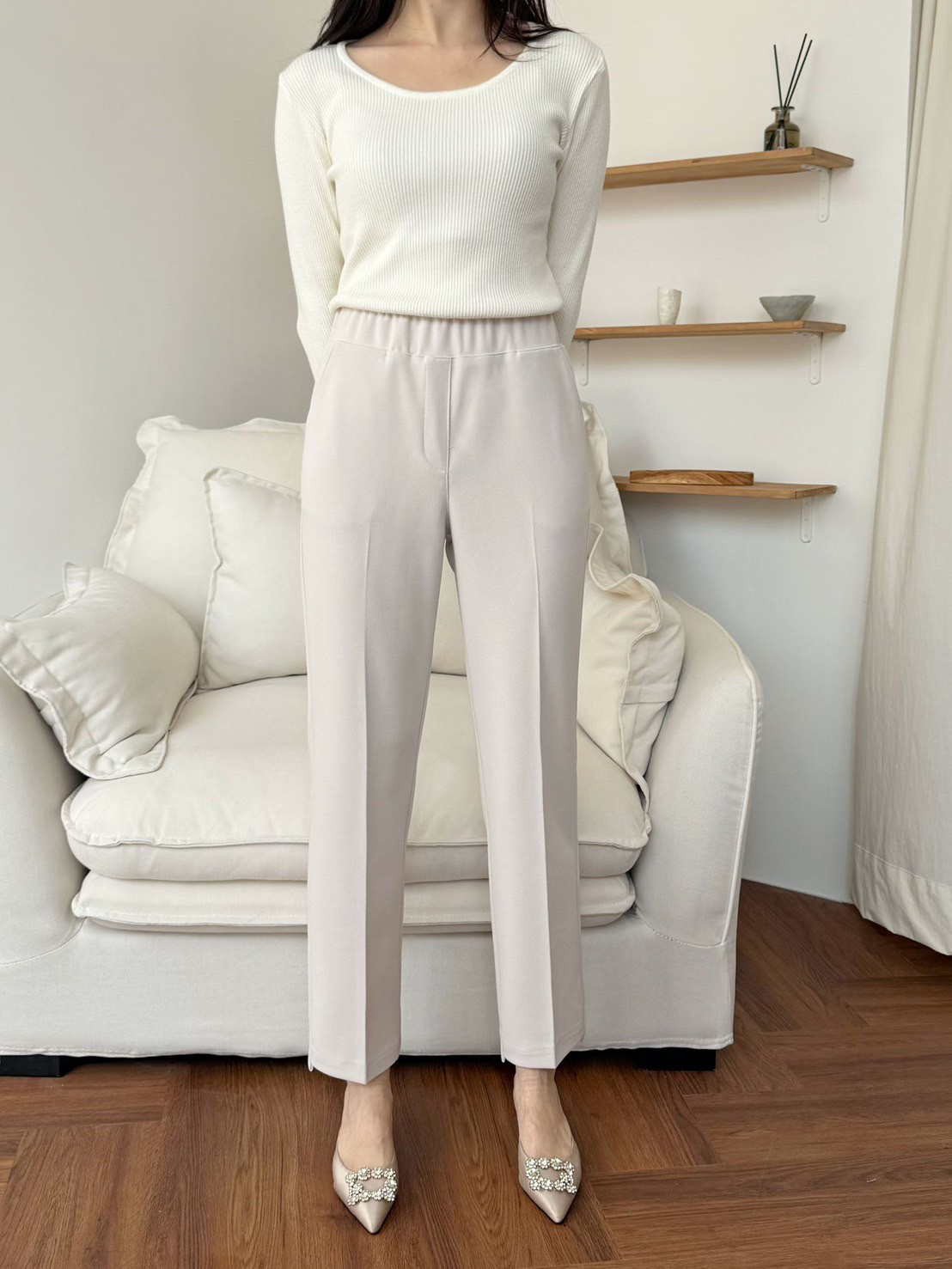 鬆緊腰打褶修身感九分直筒褲-F / 3色