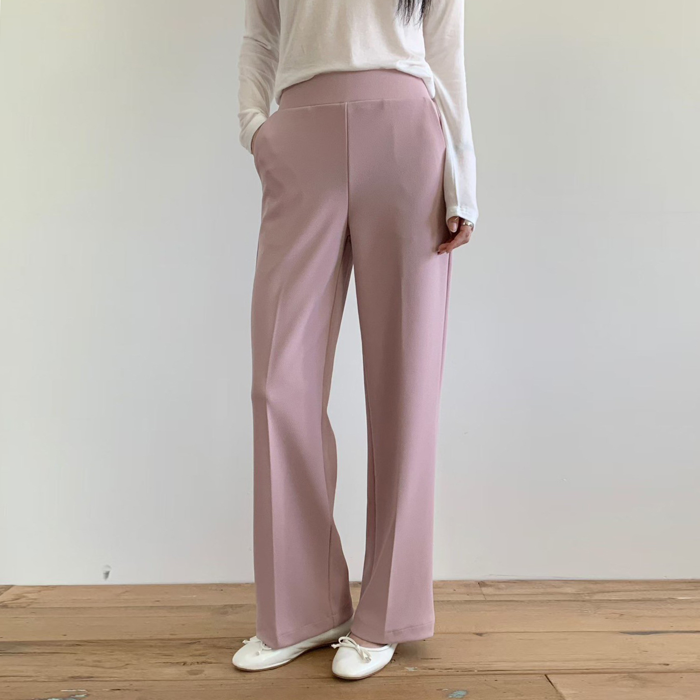 多色系彈力腰圍打褶直筒褲-S-L / 4色