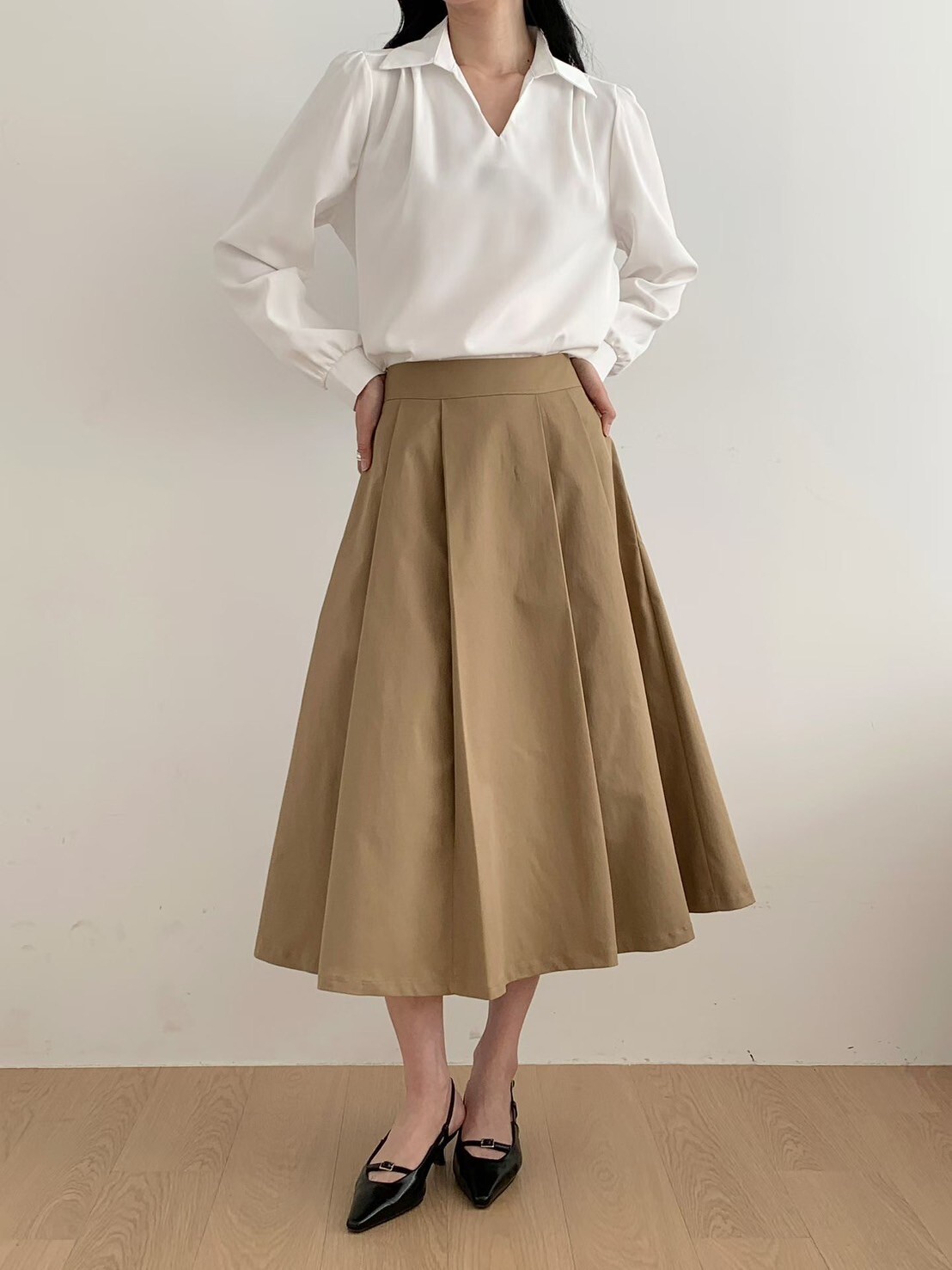 後拉鍊高腰A字傘擺百褶裙長裙-S-M / 3色