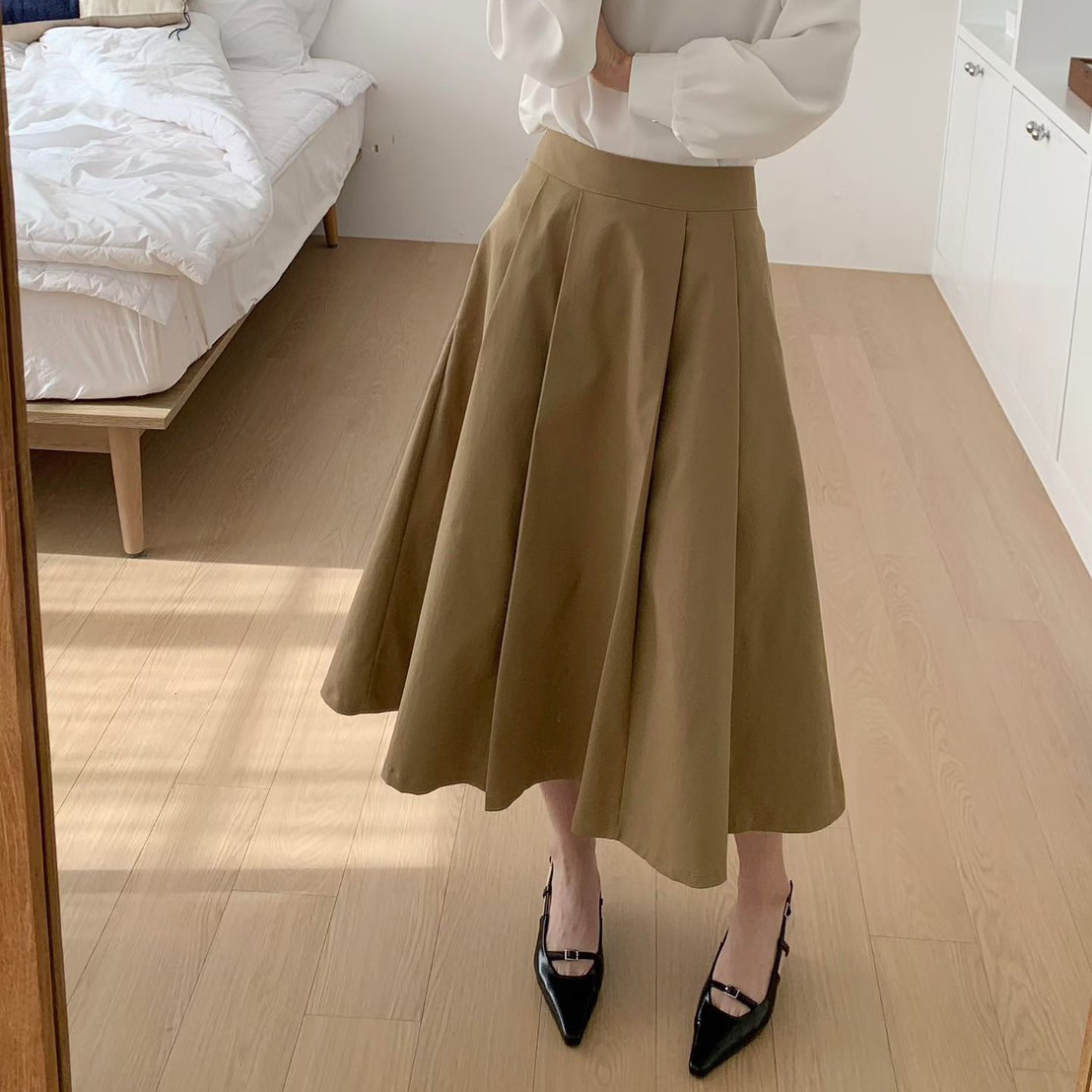 後拉鍊高腰A字傘擺百褶裙長裙-S-M / 3色
