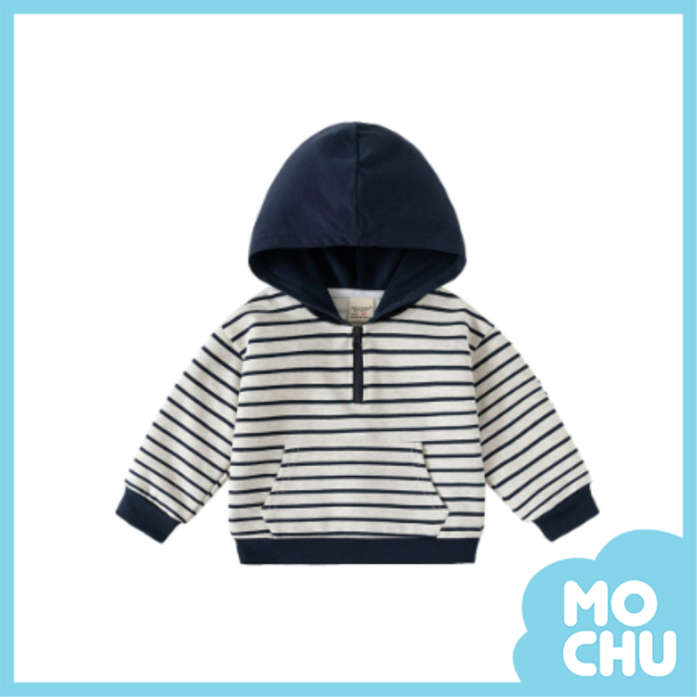 藏青灰條長袖連帽上衣