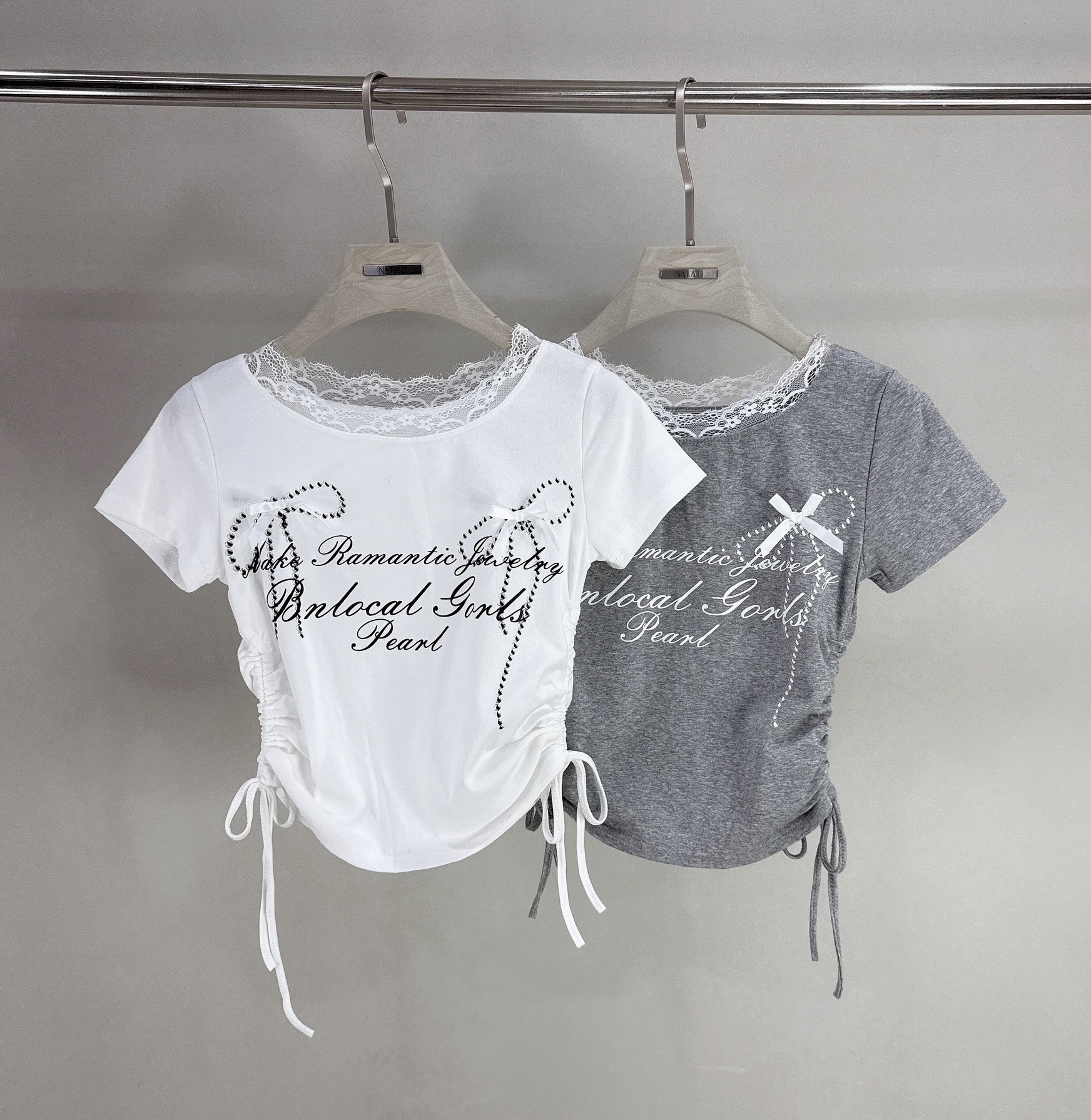 側抽繩領蕾絲蝴蝶結棉質衣