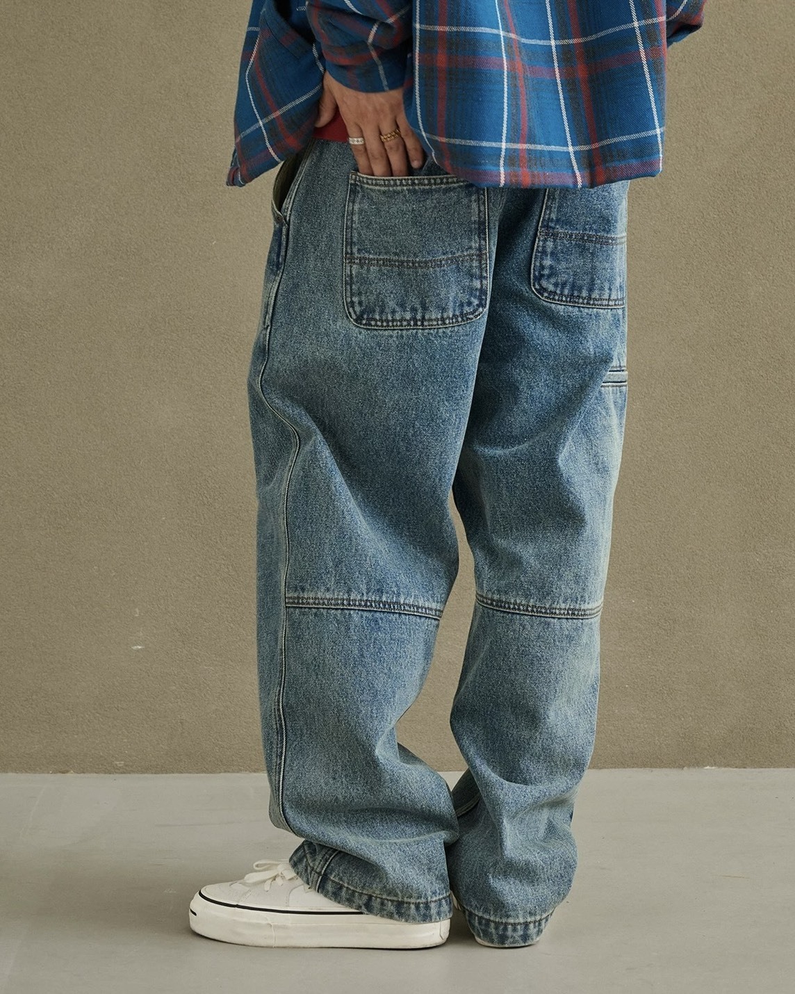 #預購 Broshood 26SS 日系寬鬆 休閒復古 水洗做舊 拼接工裝 牛仔微錐長褲