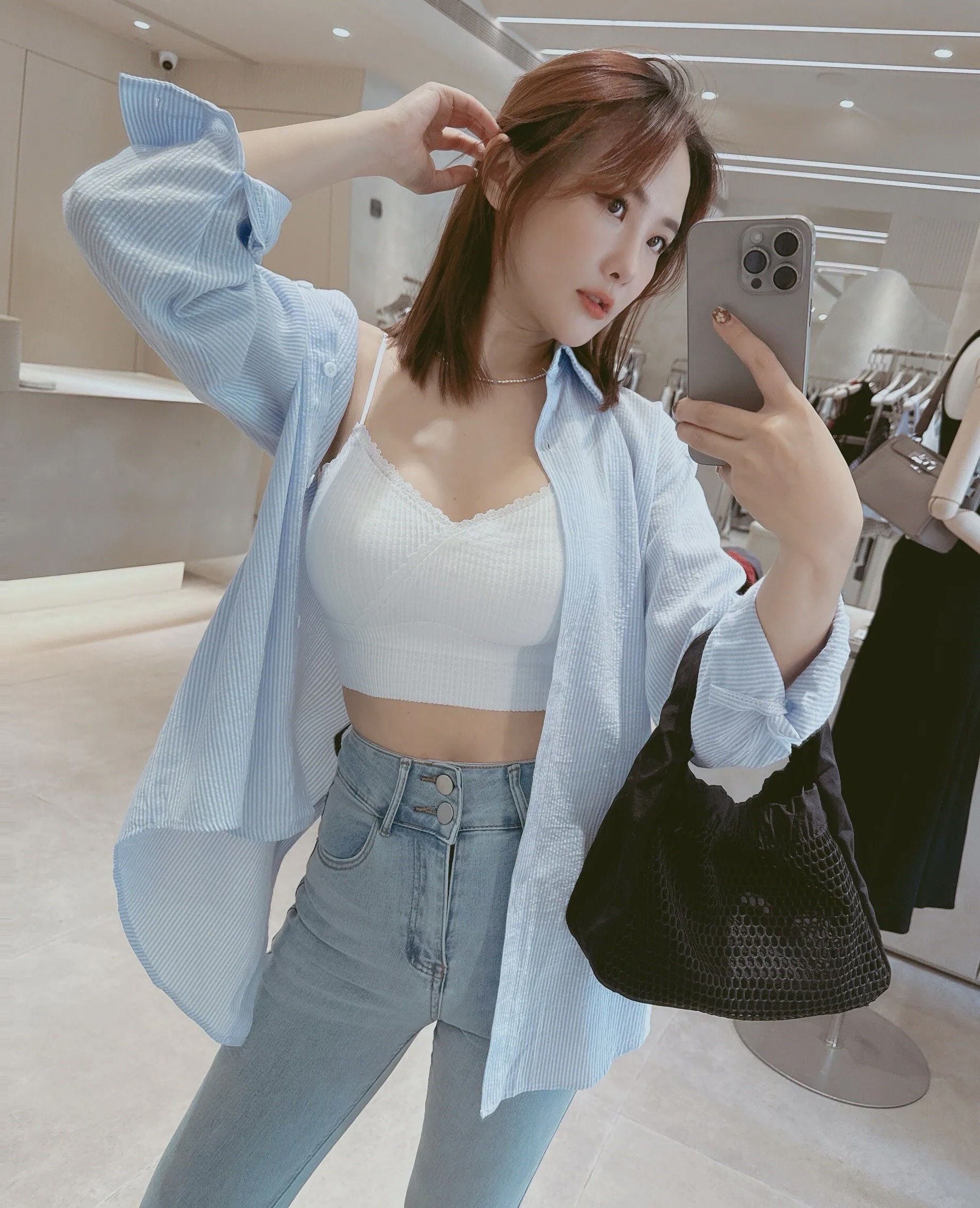 後綁帶造型直條藍襯衫