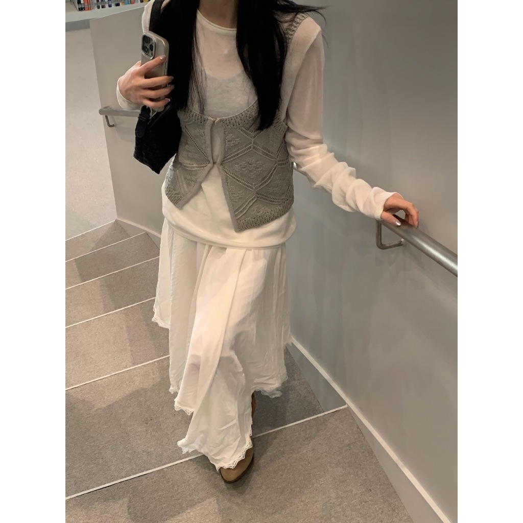 A01 春色透膚上衣+壓紋背心套裝 #9865