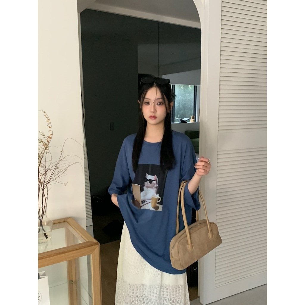 A02 工作中酷貓印花寬版T #9868