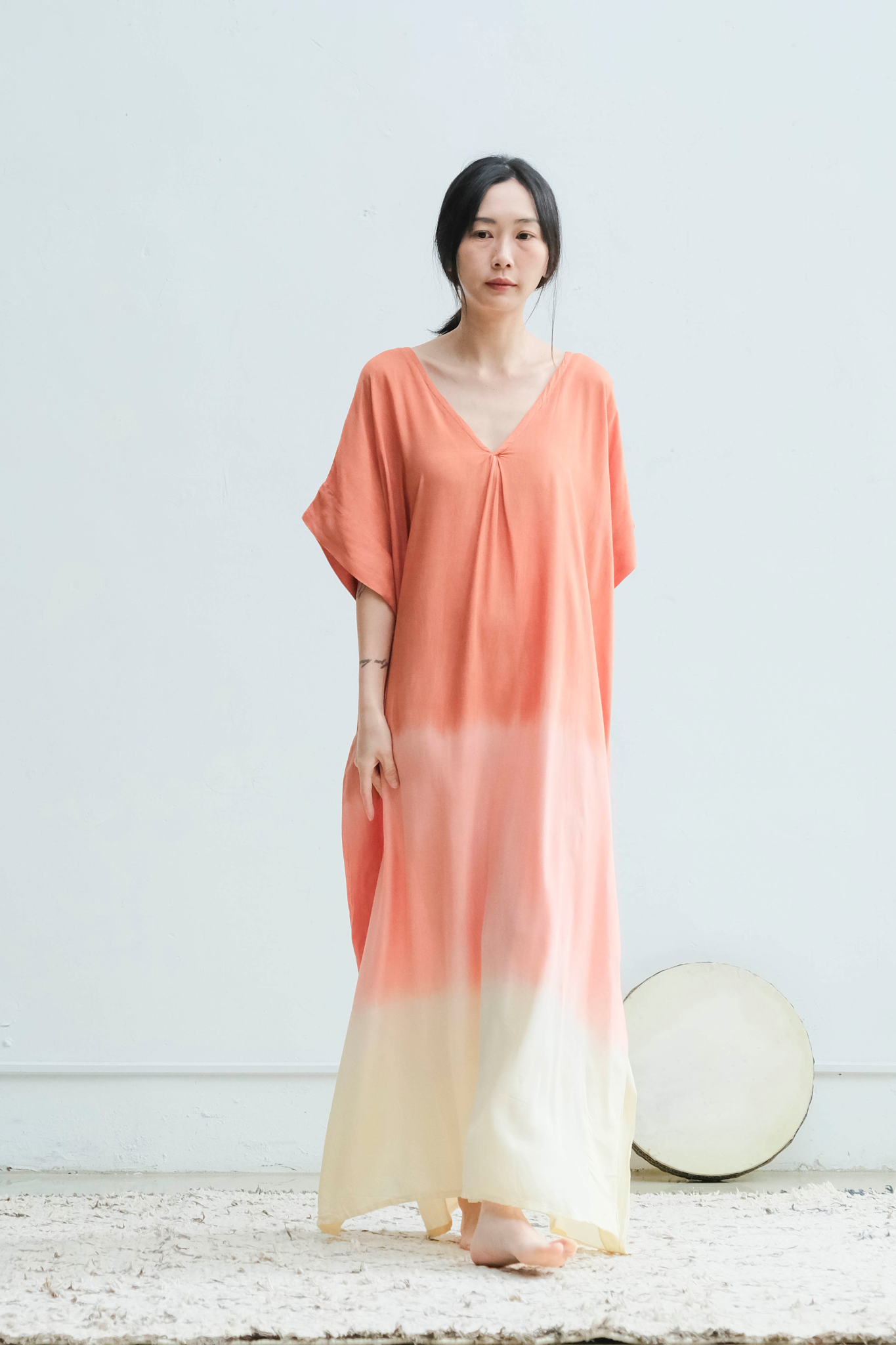 V領短袖漸層洋裝罩衫 / 嫘縈 粉橘