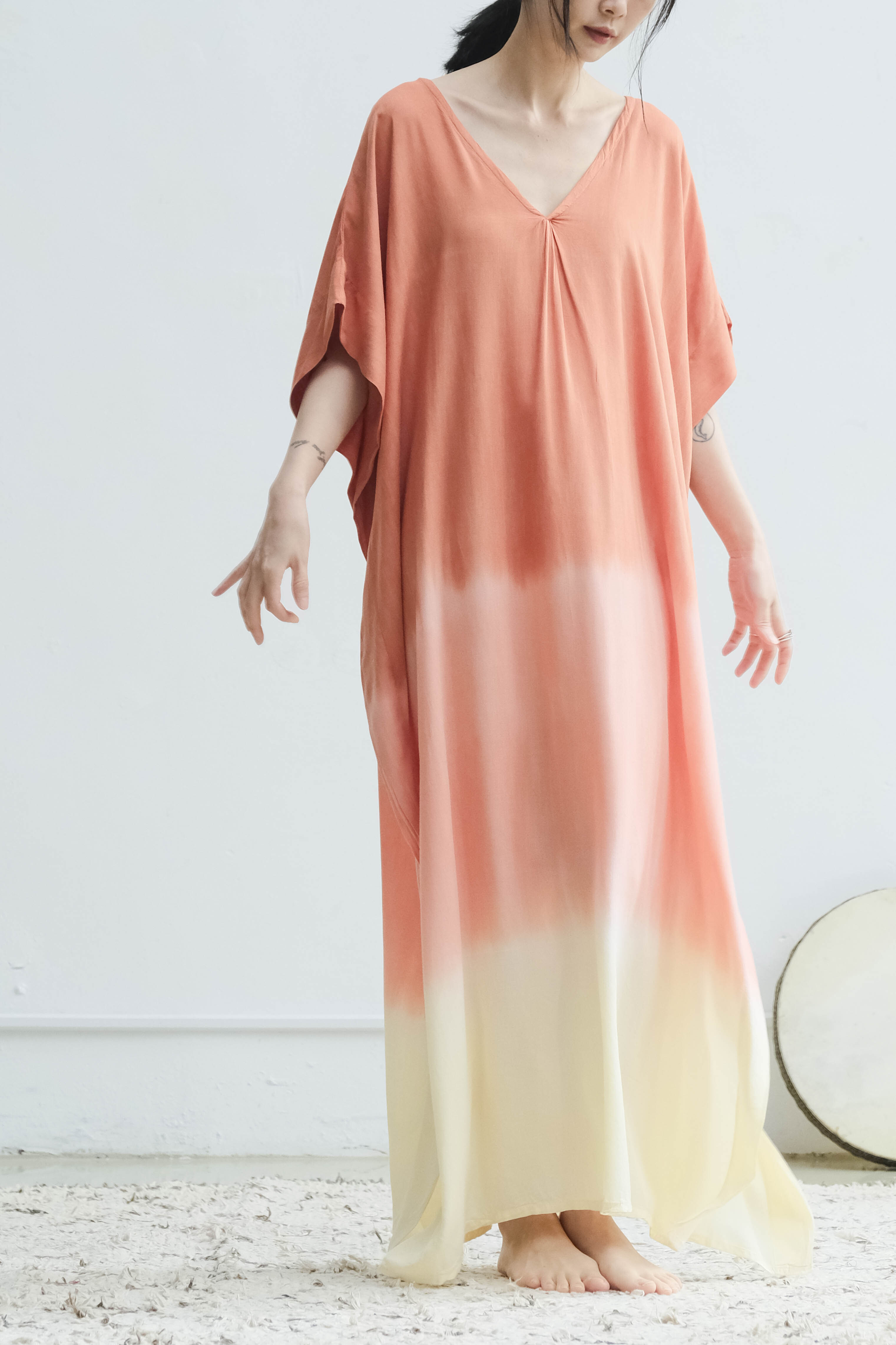 V領短袖漸層洋裝罩衫 / 嫘縈 粉橘