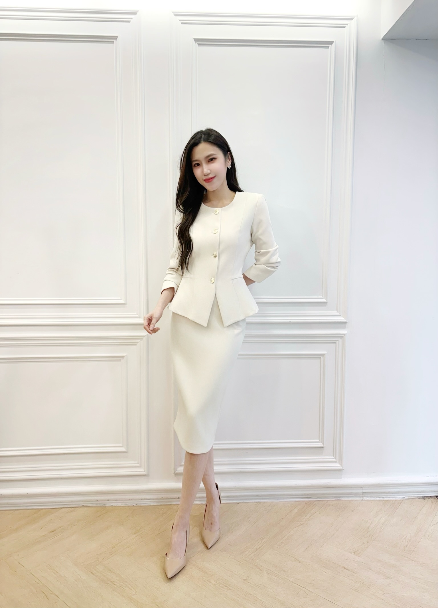 (皇家典雅)金釦腰身俐落窄裙套裝