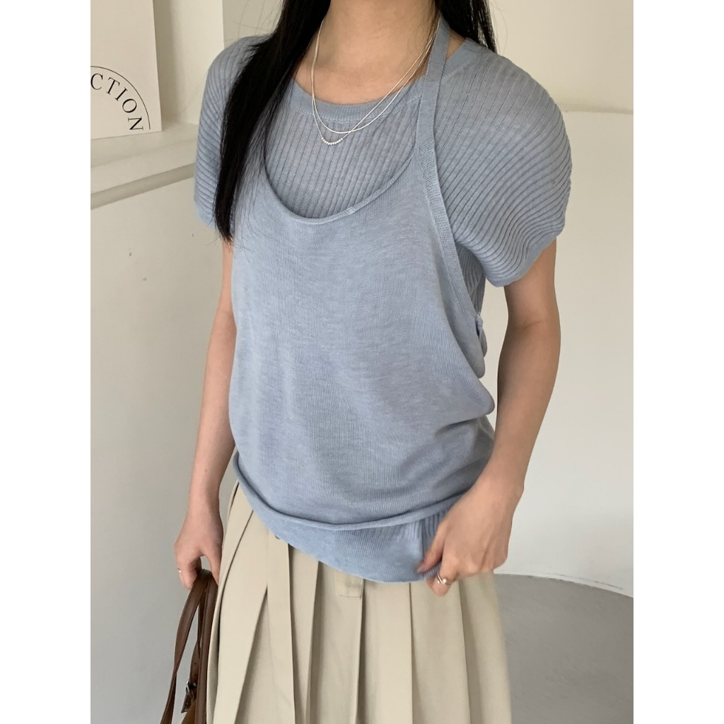 A06 氣質坑條針織上衣+繞脖背心套裝 #9875