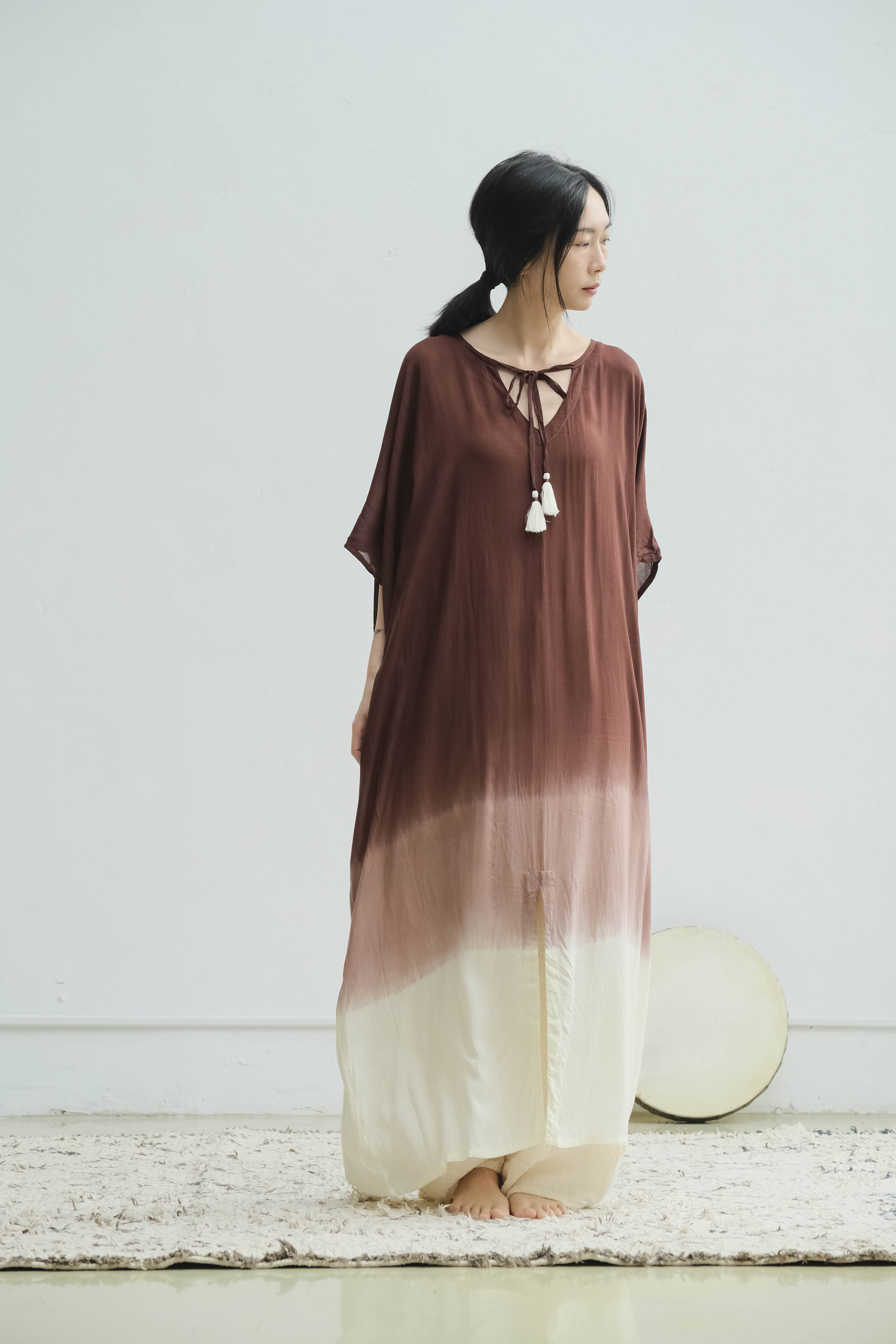 綁帶流蘇漸層洋裝罩衫 / 嫘縈 咖啡