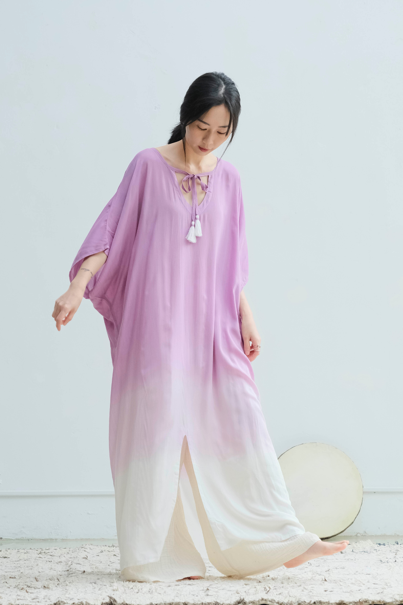 綁帶流蘇漸層洋裝罩衫 / 嫘縈 粉紫