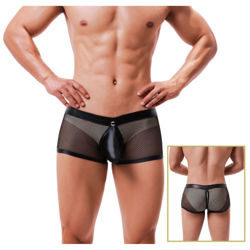 NPG SPG 014 網紋仿皮透視開襠男仕四角內褲 - 黑色