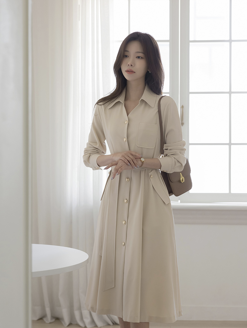Kaitlin 高雅金釦綁帶洋裝 [ 2色 / Free]